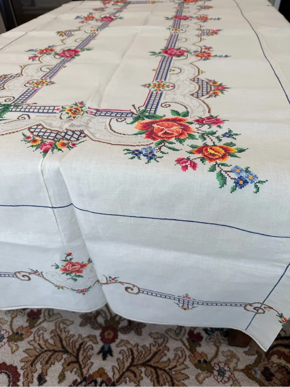 Vintage ecru cross stitch linen large tablecloth 100”x64” W/12 Napkins handmade
